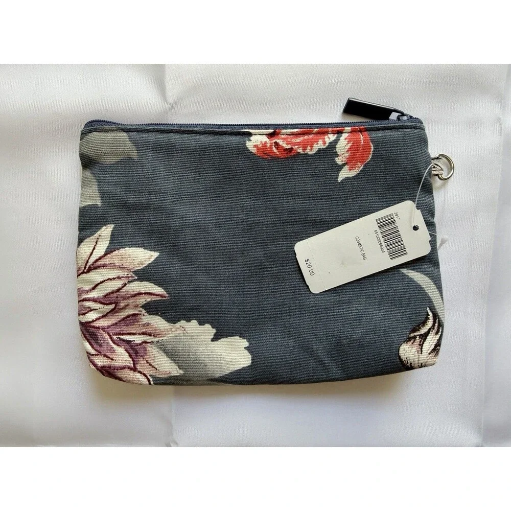 Soma Floral Print Cosmetic Bag NWT Makeup Travel Pouch Essentials Blue Gray Zip